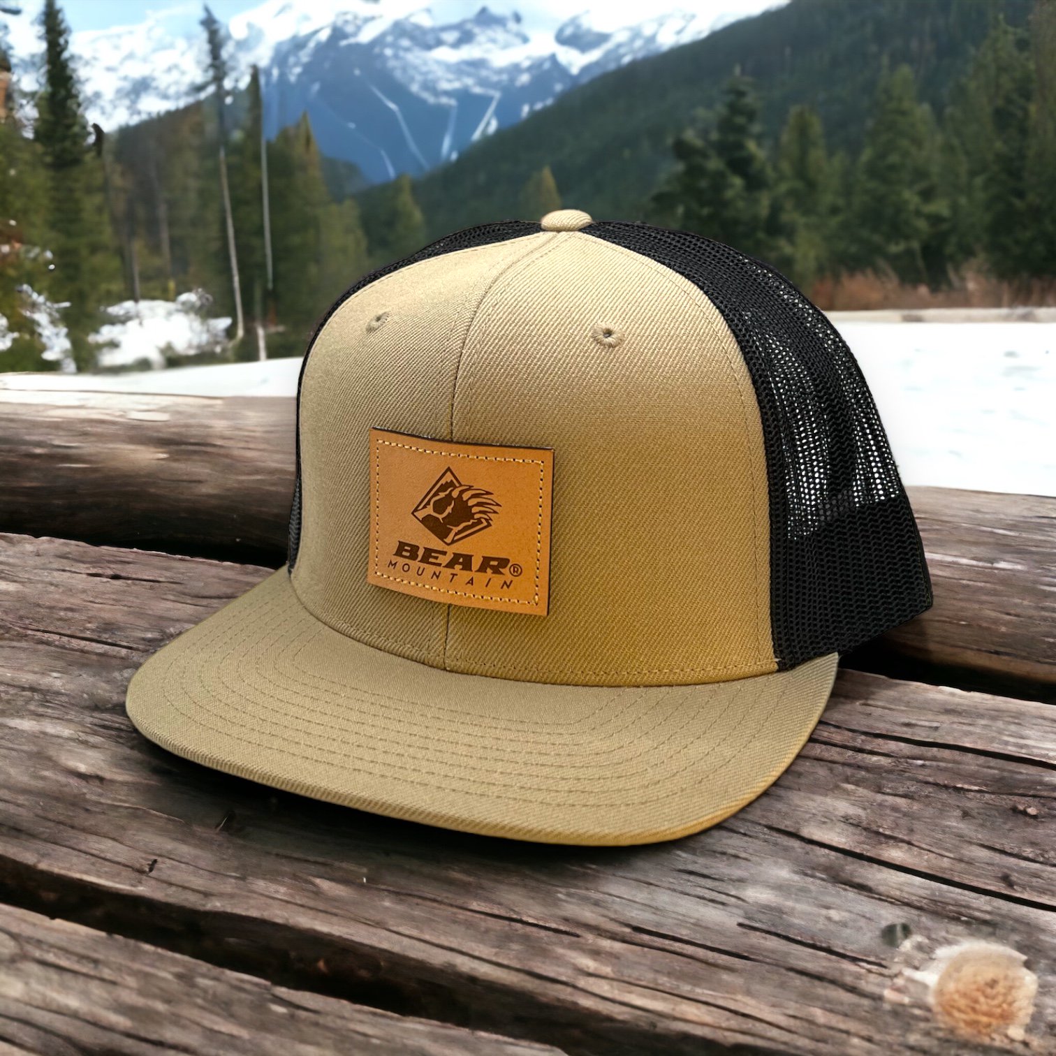 Bear Mountain khaki trucker hat with Bear claw square logo patch on front